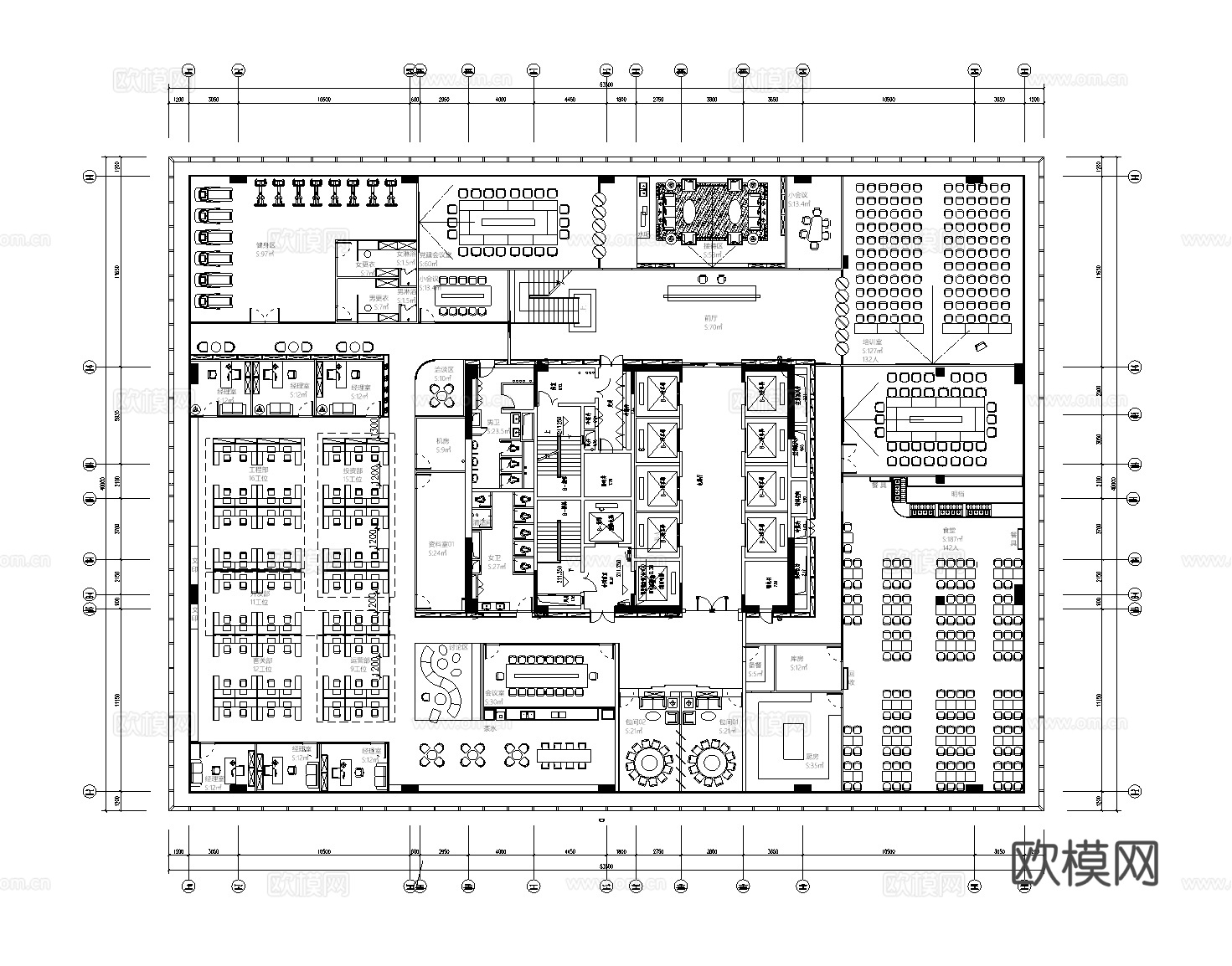 1200平办公室 最新平面施工图cad施工图