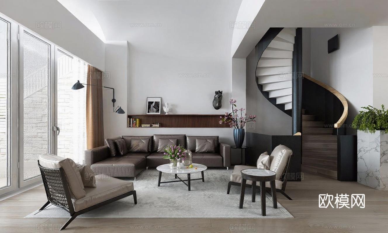 现代轻奢客厅设计 高端住宅工业风融合 开放式空间3D渲染效果 皮质沙发螺旋楼梯装饰 材质对比空间层次免费3d模型下载