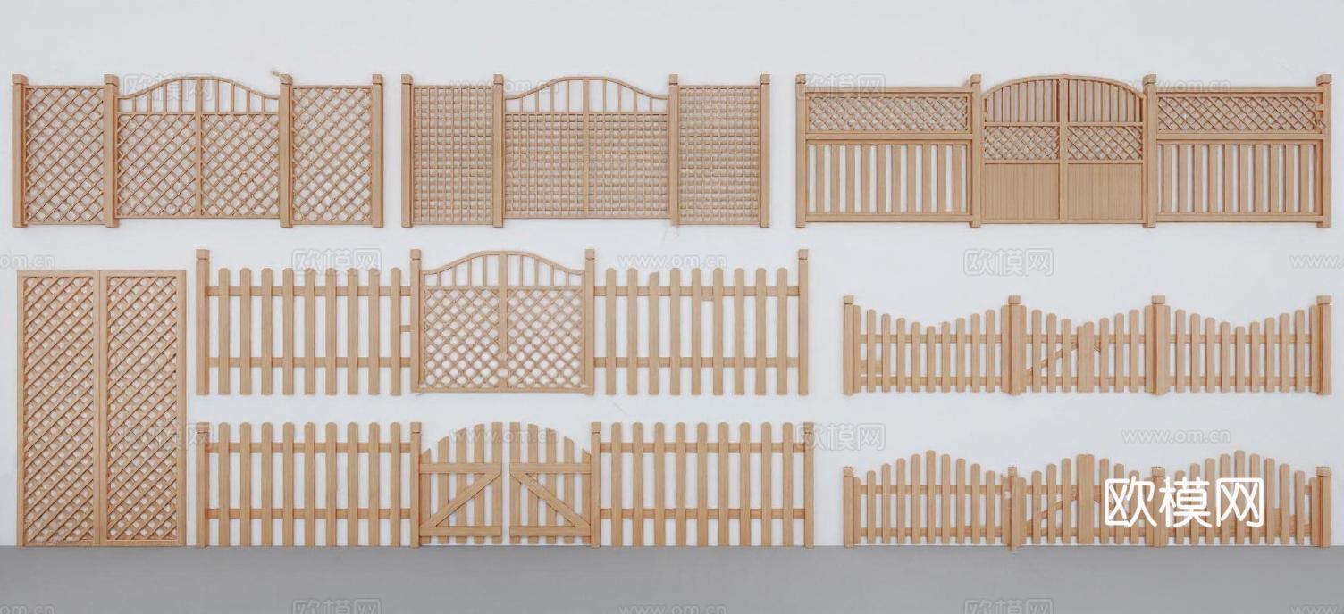 庭院设计简约田园风格木质栅栏 户外围栏3D模型DIY参考 浅米色建筑元素栅栏门样式免费3d模型
