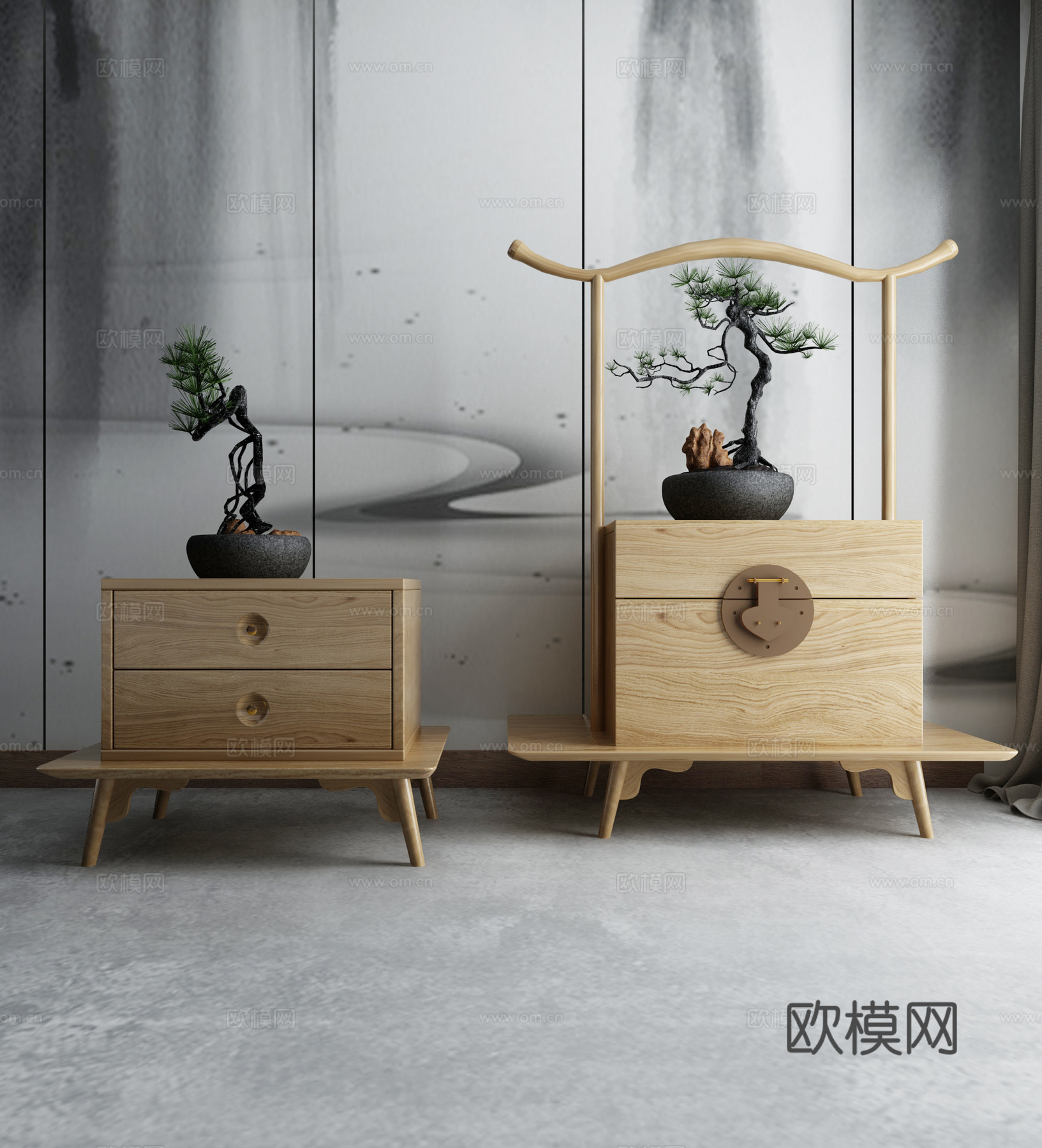 中式床头柜 禅意空间盆景3d模型下载（渲染图1）