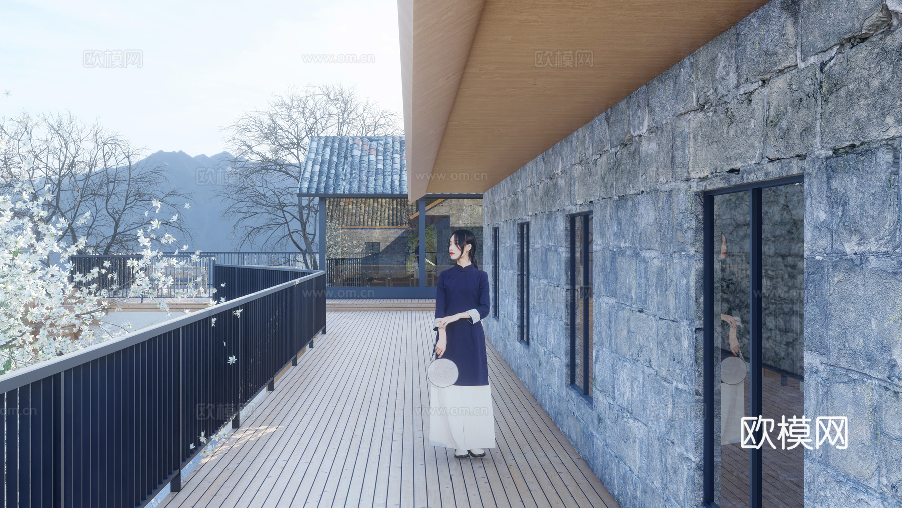 中式民宿建筑 村委会 活动中心 红色博物馆 党建中心 民宿su模型