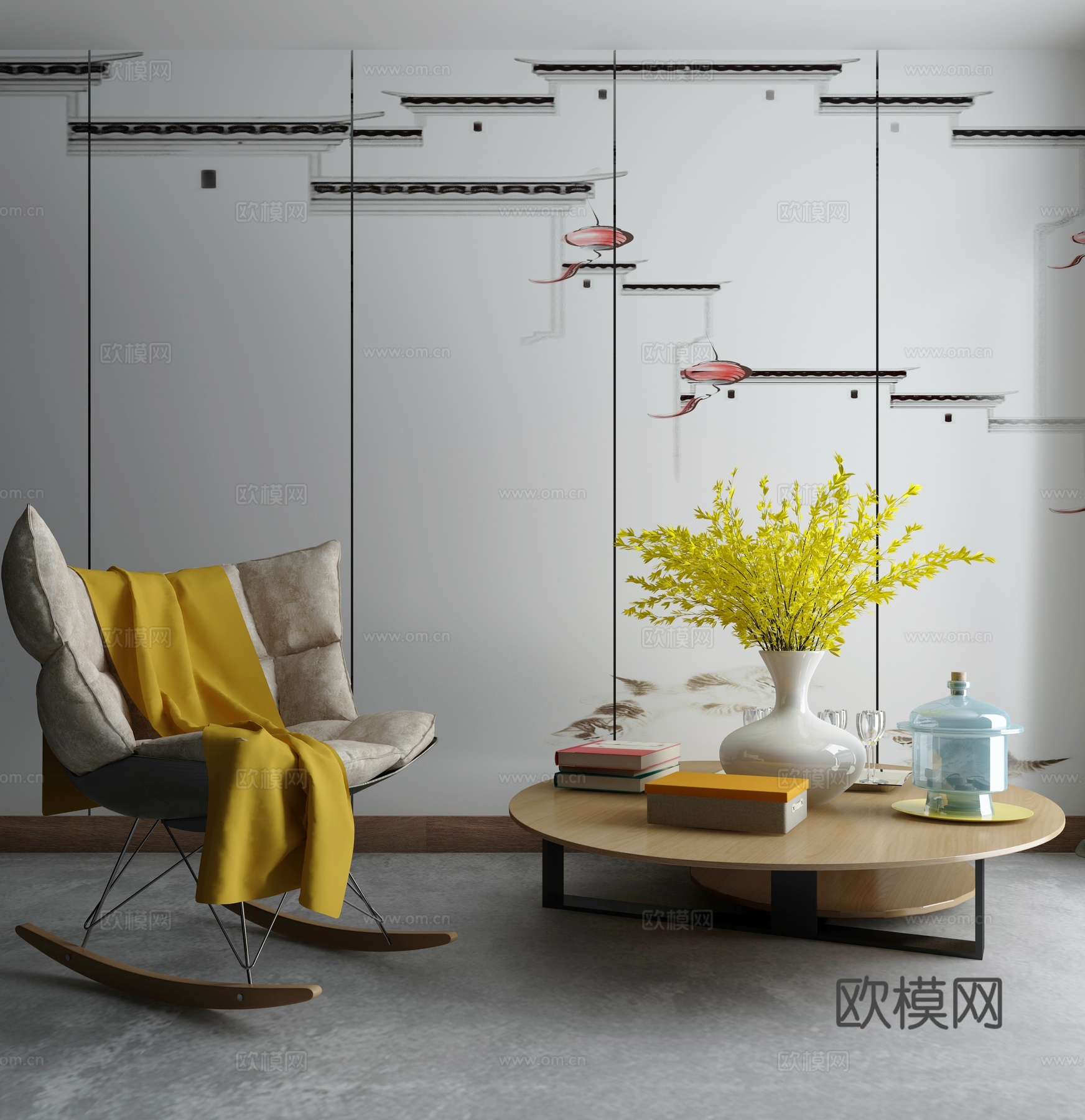 现代茶几沙发组合 背景墙3d模型下载（渲染图2）