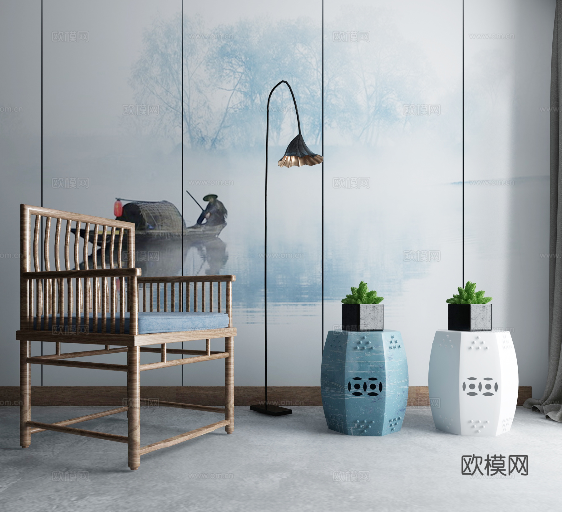 中式沙发茶几组合3d模型下载（渲染图2）