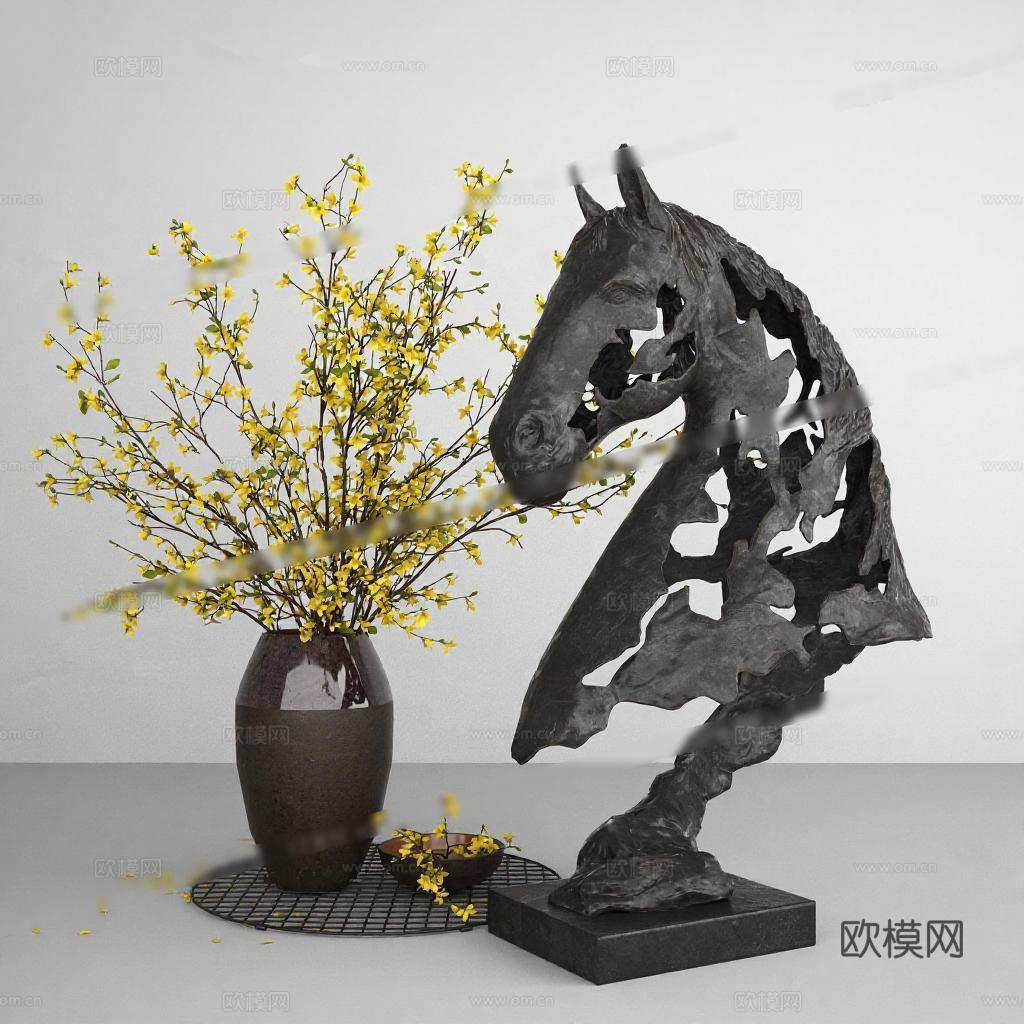 抽象马头雕塑3D模型下载 现代艺术摆件设计 深色金属镂空家居装饰 陶瓷花瓶室内装饰品免费3d模型