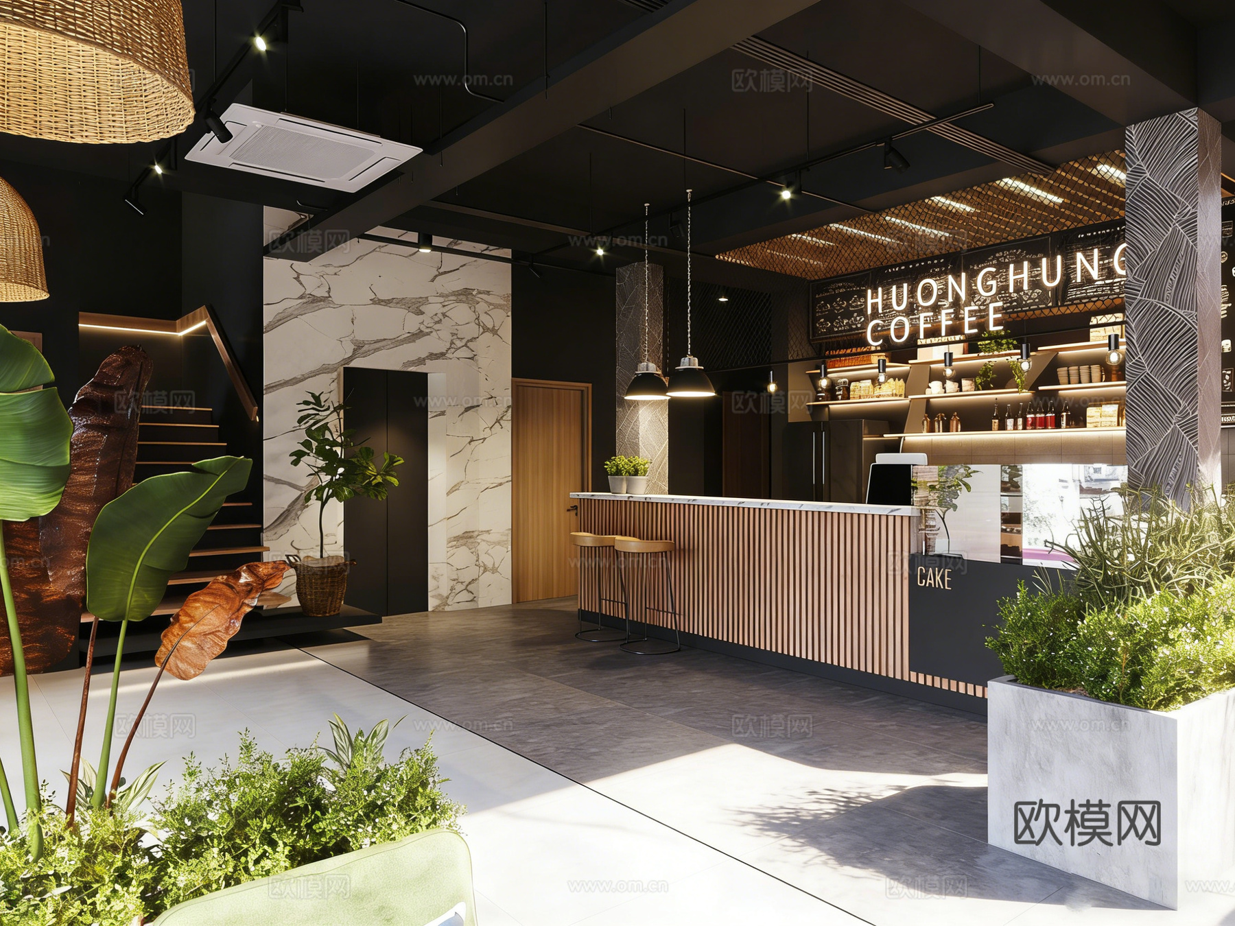 自然系工业风咖啡厅 绿植环绕 编织吊灯 红砖墙免费3d模型