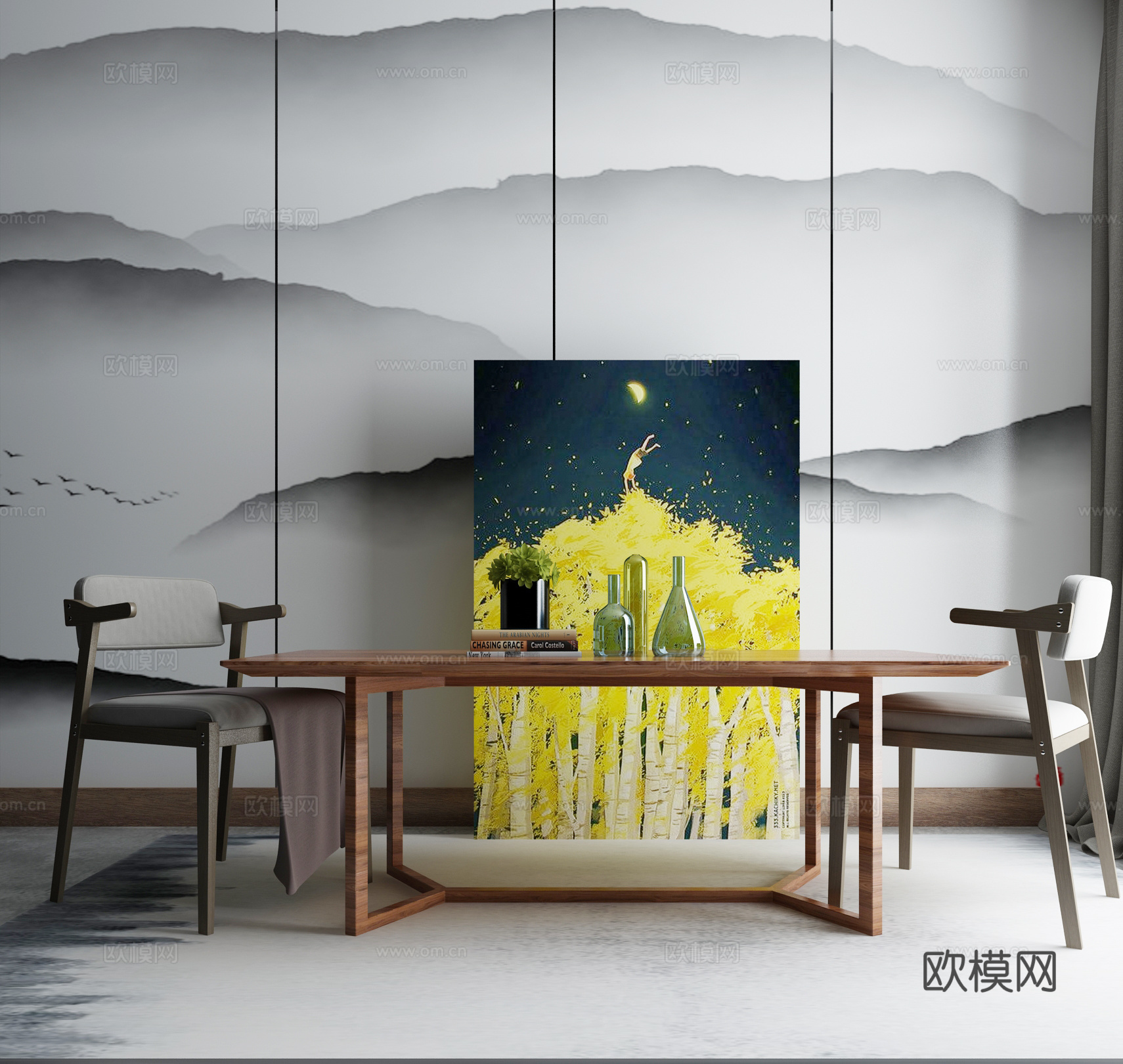 新中式沙发茶几组合3d模型下载（渲染图1）