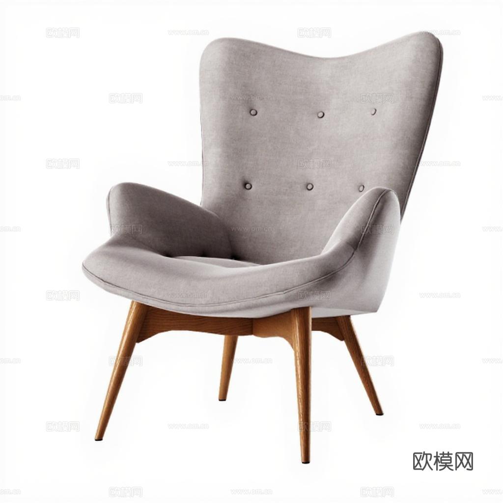 现代高背扶手椅 浅灰绒布纽扣装饰锥形木腿 简约设计师家具 家居设计3D模型展示免费3d模型下载