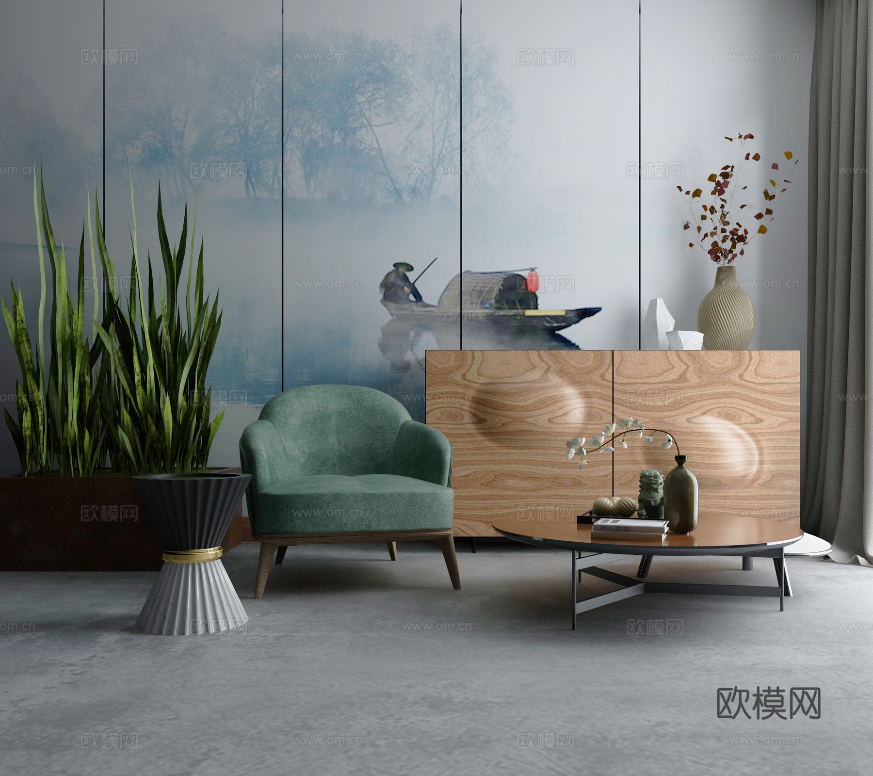 现代端景柜 茶几沙发组合3d模型下载（渲染图2）