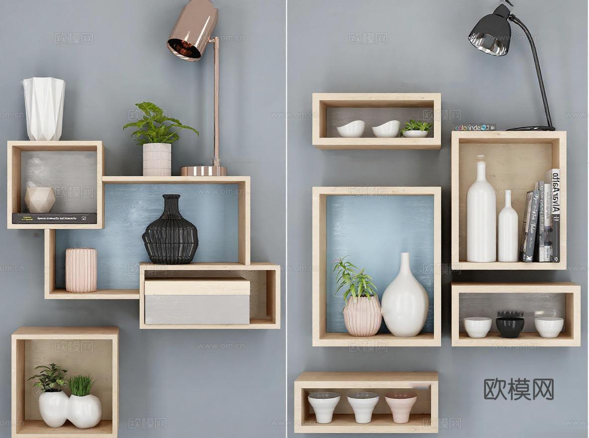 北欧风极简原木壁挂置物架 现代创意客厅墙面装饰收纳架组合免费3d模型