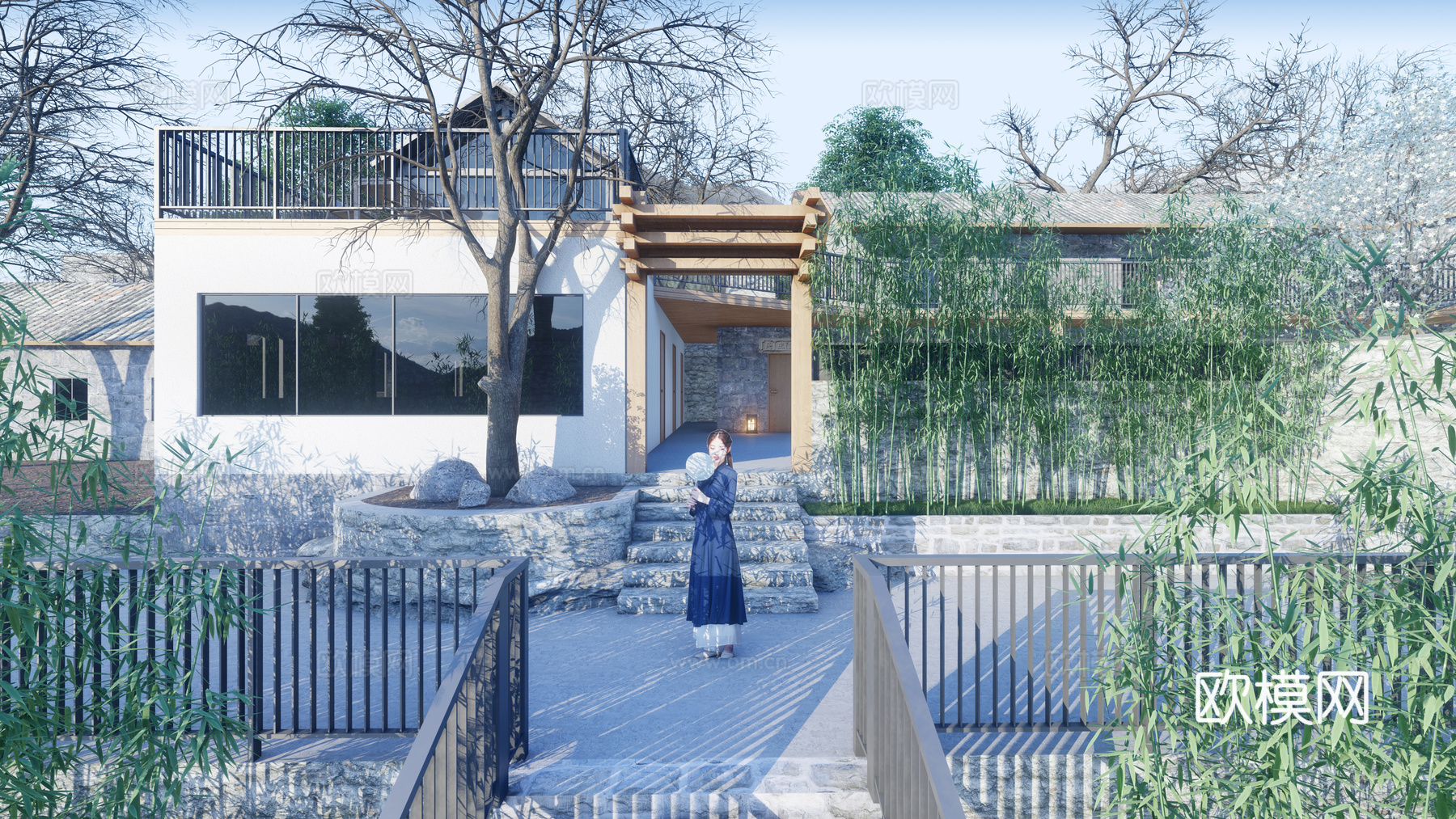 中式民宿建筑 村委会 活动中心 红色博物馆 党建中心 民宿su模型