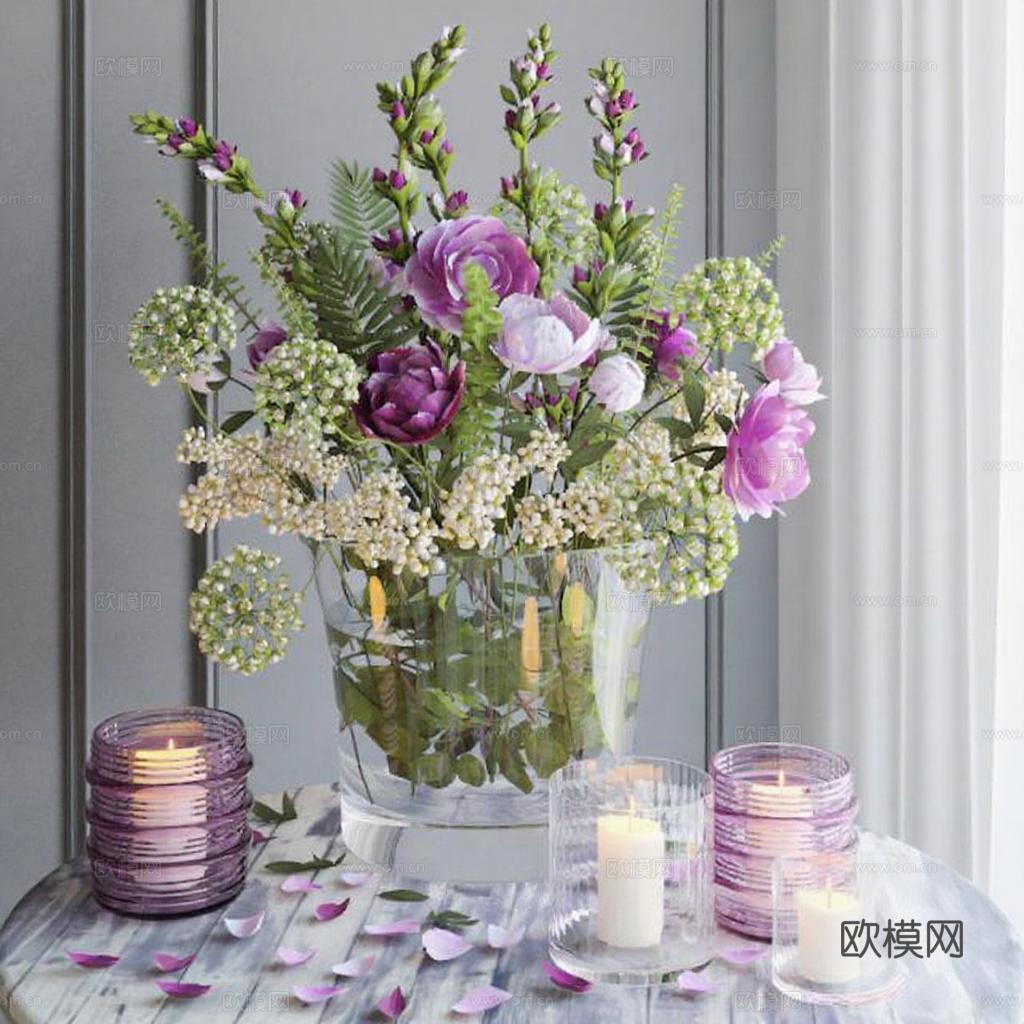 家居装饰花艺设计 紫色调烛光晚餐场景布置 室内摄影生活美学免费3d模型
