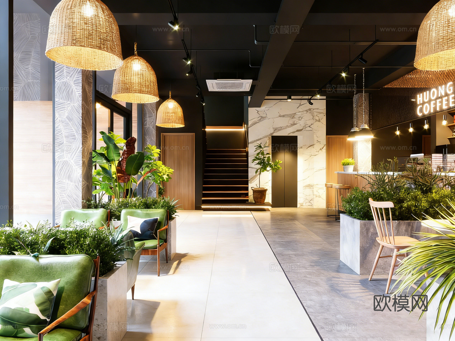自然系工业风咖啡厅 绿植环绕 编织吊灯 红砖墙免费3d模型