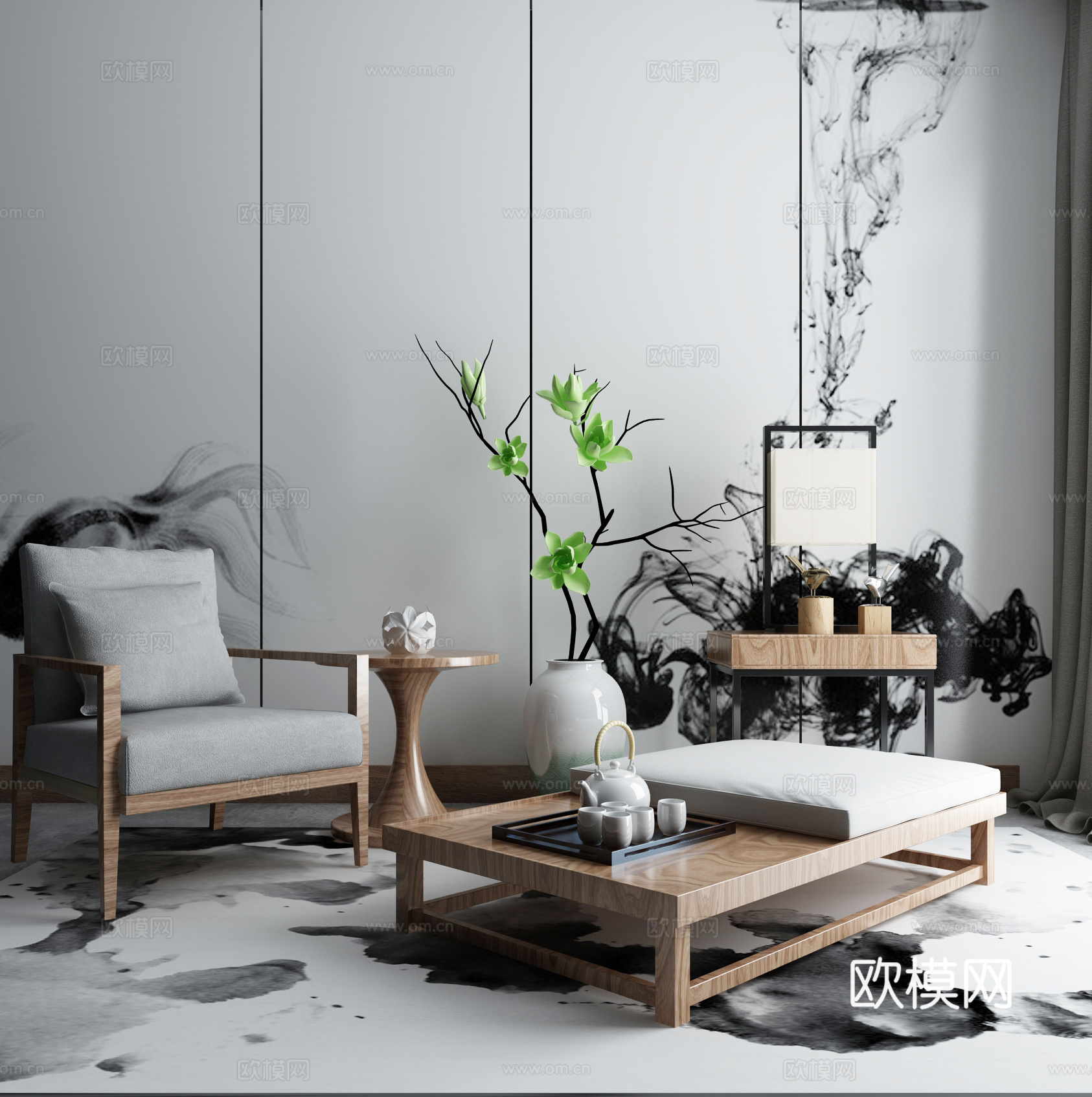 现代茶几沙发组合挂画 地毯 水墨画背景墙3d模型下载（渲染图1）