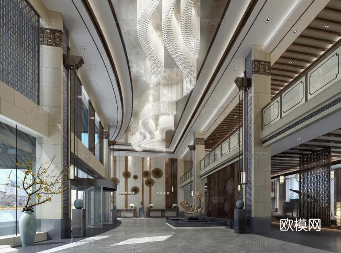 现代中式豪华酒店大堂设计 商业空间3D渲染效果图 高端对称布局室内装饰免费3d模型