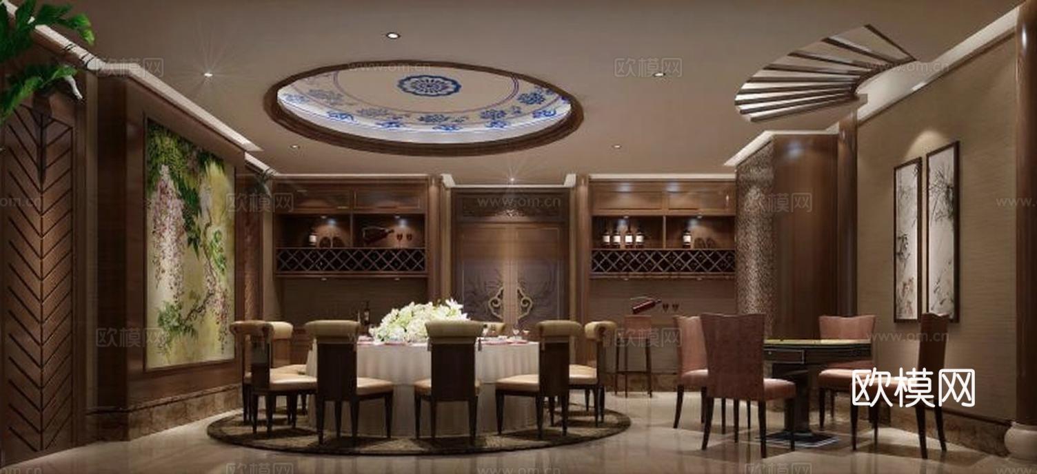 豪华中式餐厅私人包厢设计 高档会所室内装修 青花瓷吊灯酒柜装饰免费3d模型
