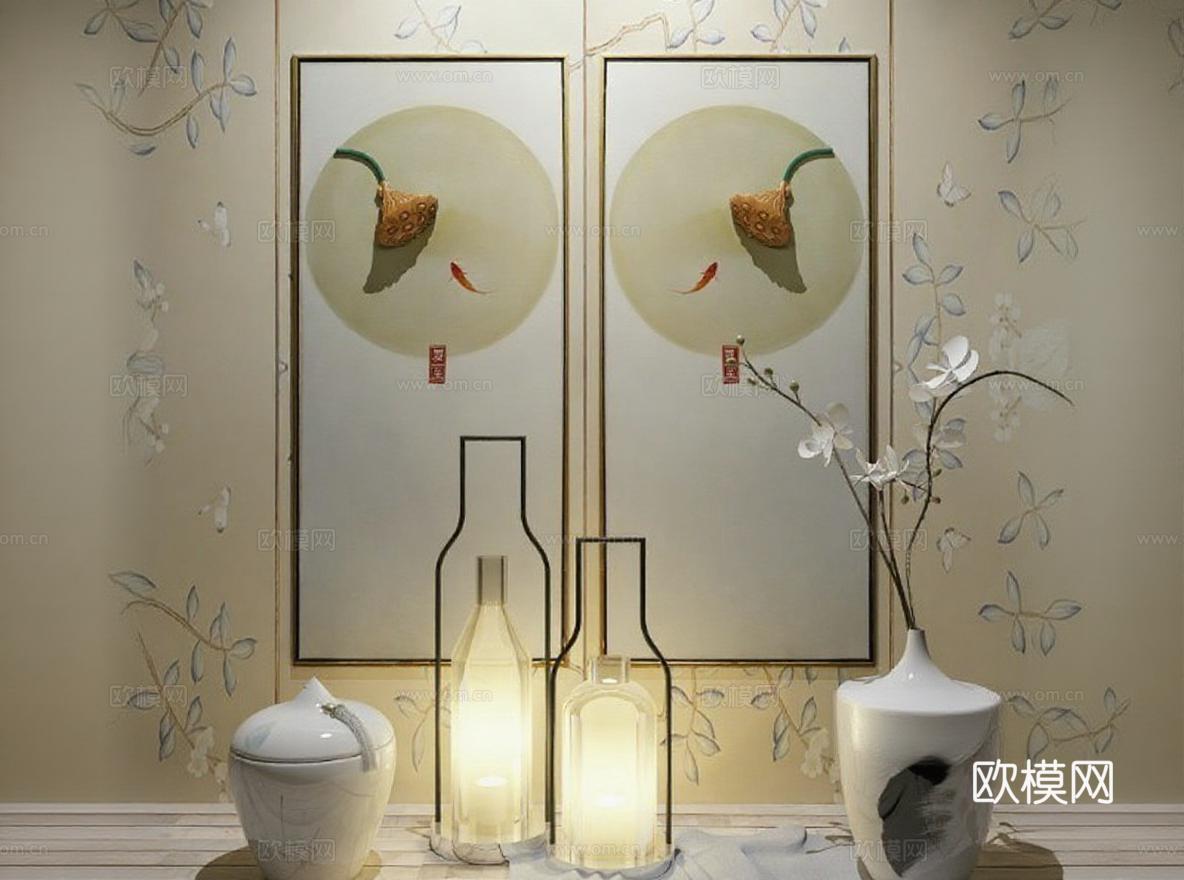 新中式家居装饰艺术摆件 东方禅意陶瓷花瓶玻璃灯饰 对称设计柔和色调宁静雅致空间免费3d模型