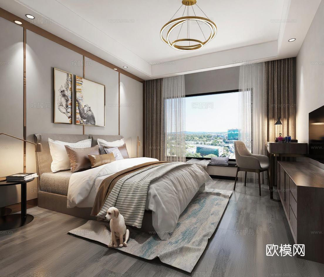 高端装修卧室设计3D渲染效果图 轻奢风酒店房间室内装饰 现代简约木质金属元素搭配全景窗户吊灯艺术画免费3d模型