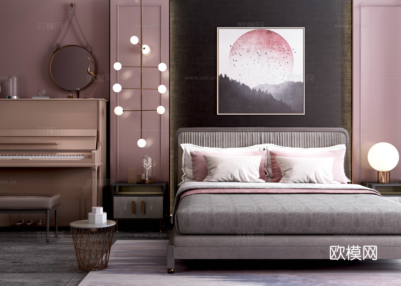 现代北欧床具组合 儿童床 钢琴 台灯 吊灯 镜子3d模型下载（渲染图2）