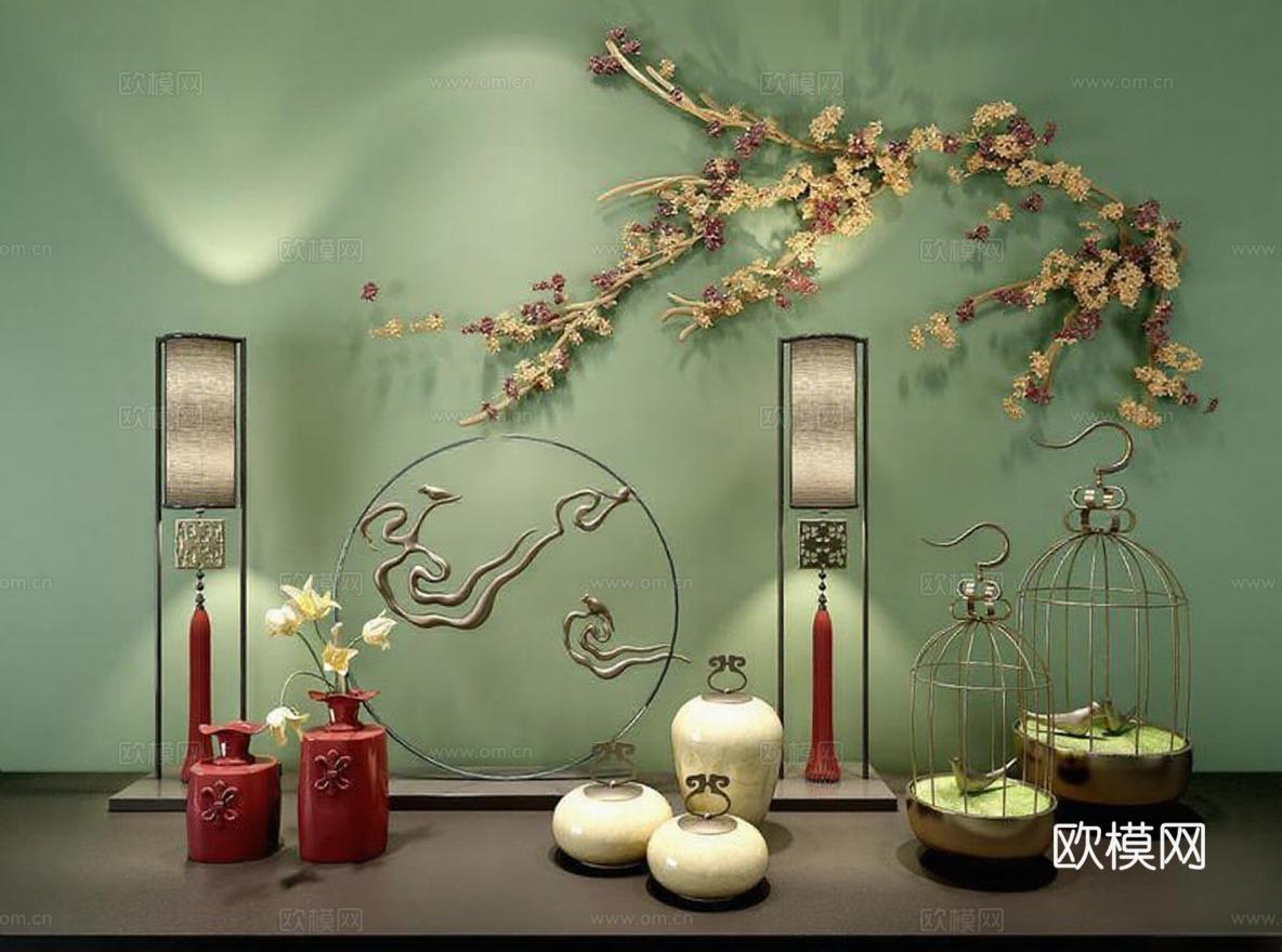 新中式家居装饰设计 金属鸟笼陶瓷花瓶摆件 东方美学艺术客厅雅致软装免费3d模型