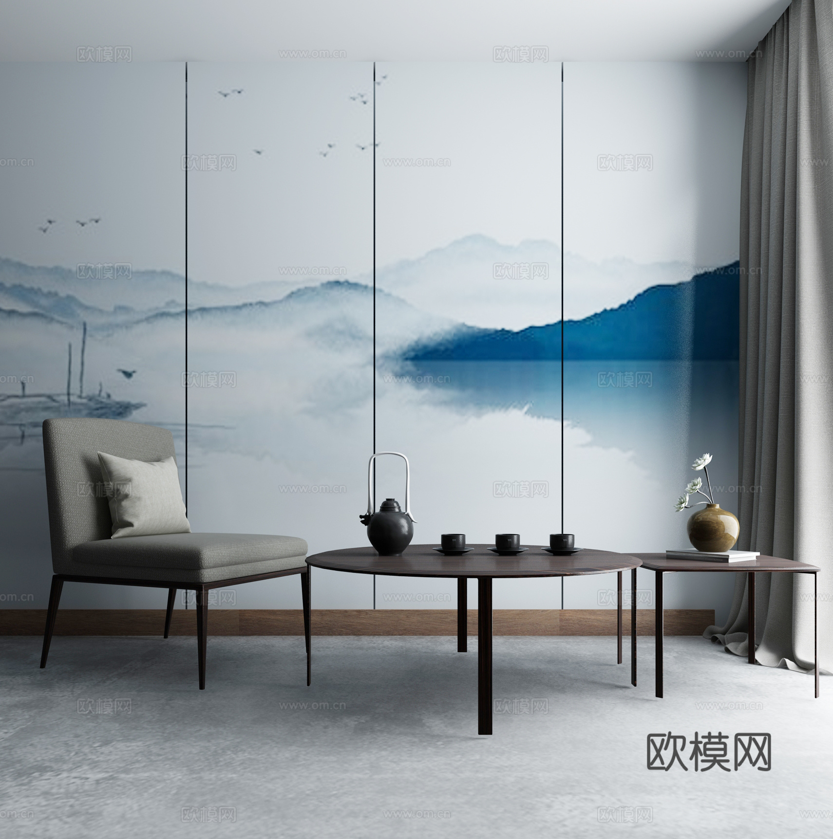 现代茶几沙发组合挂画 地毯 水墨画背景墙3d模型下载（渲染图1）