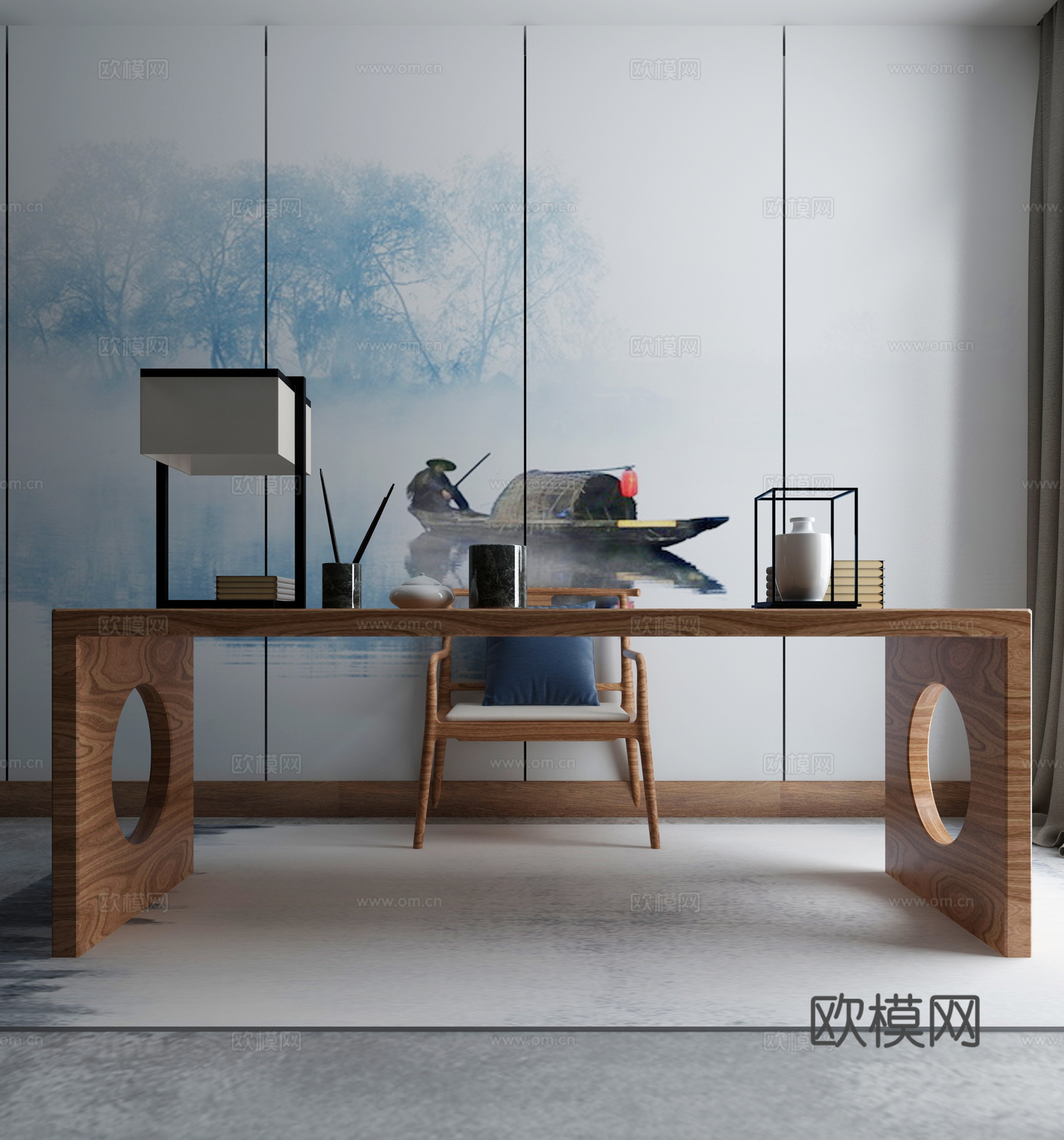 现代茶几沙发组合挂画 地毯 水墨画背景墙3d模型下载（渲染图2）