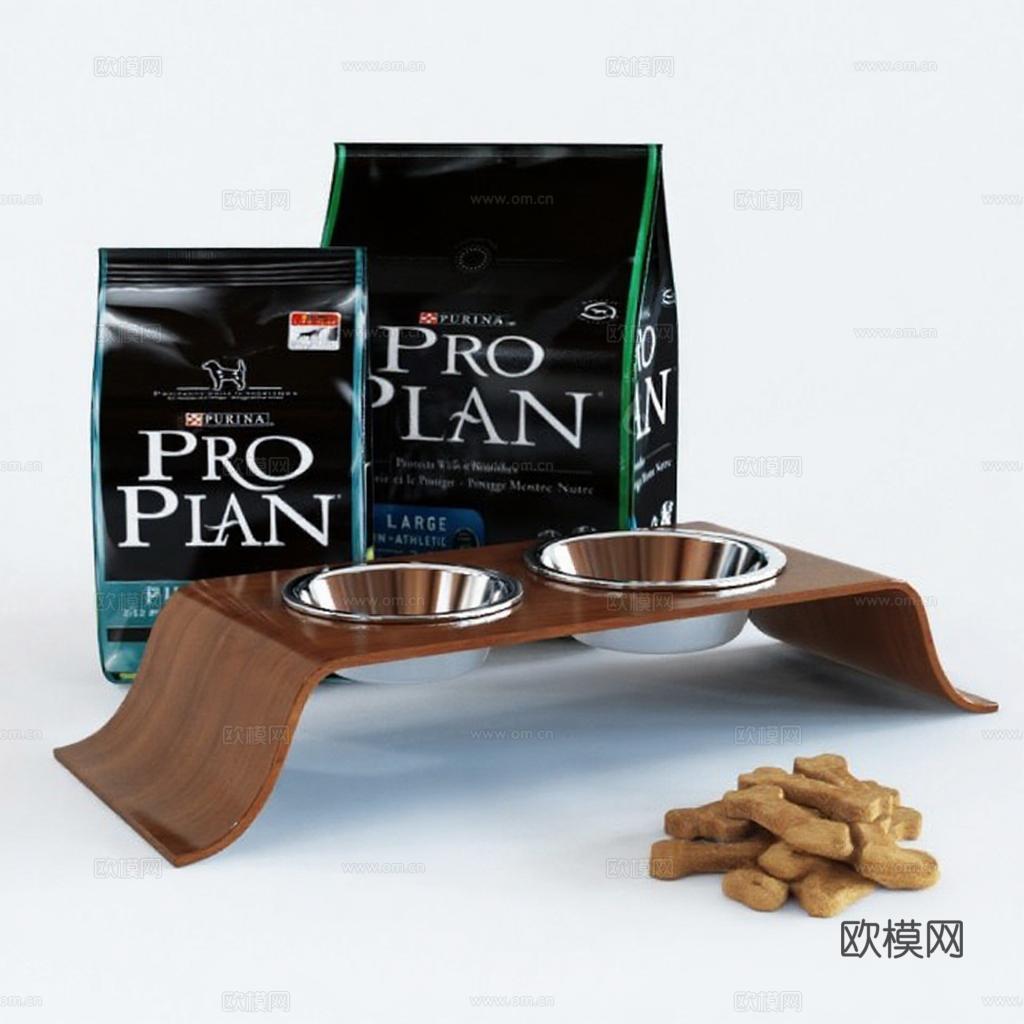 ProPlan狗粮 木质宠物碗架 不锈钢食盆 宠物零食 商业摄影高清图 3D模型产品展示 宠物用品白底精拍免费3d模型