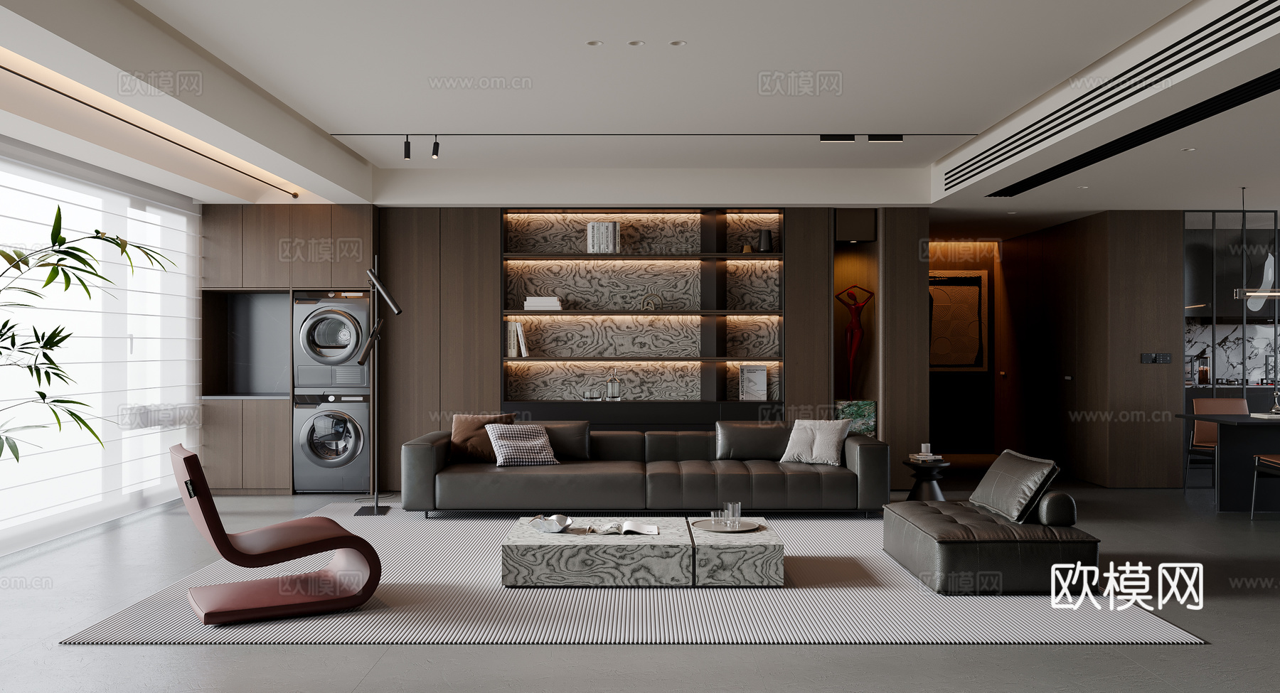 现代意式客厅 沙发茶几 多人沙发 休闲椅 装饰柜 落地灯su模型