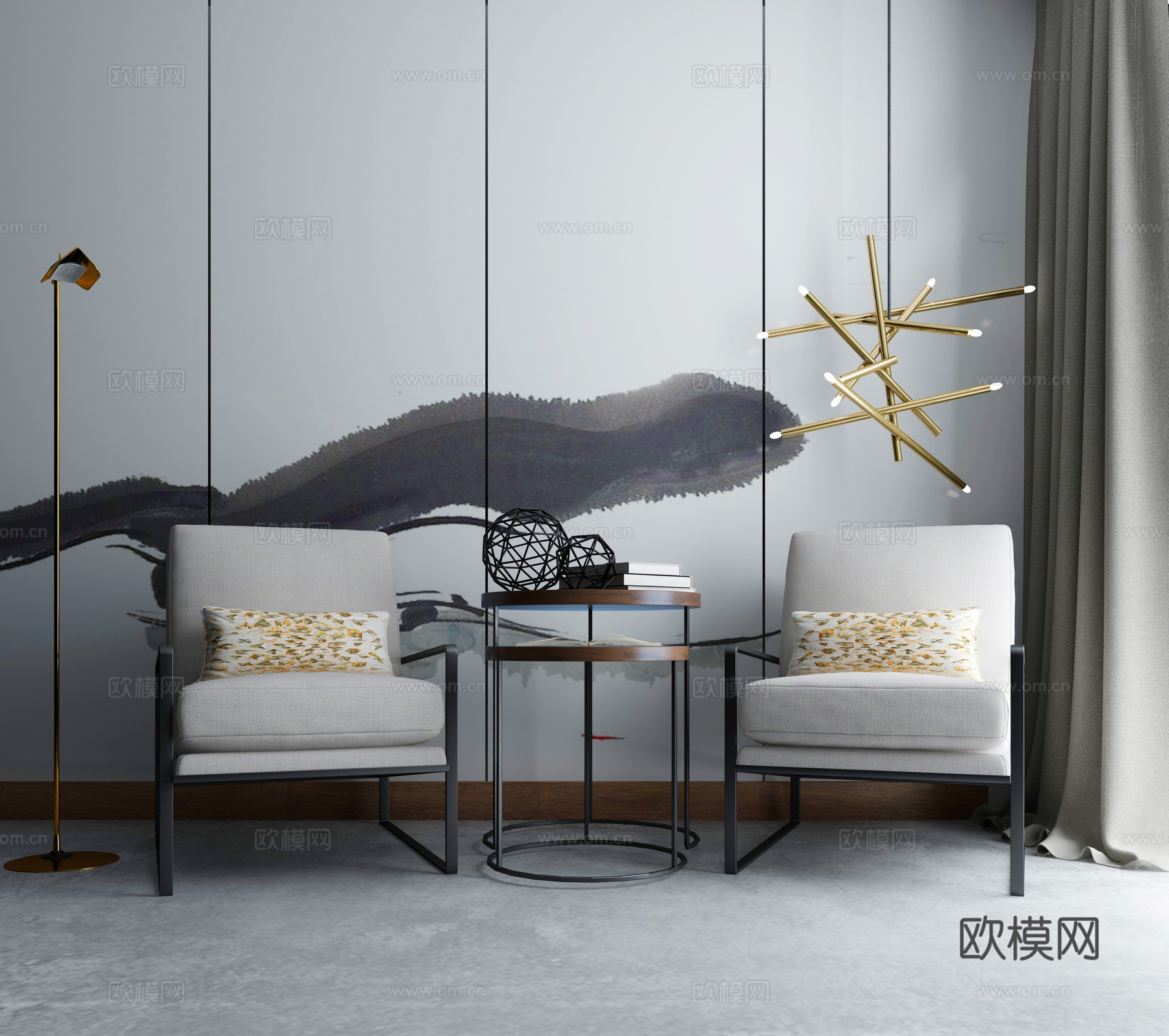 新中式茶几椅子组合3d模型下载（渲染图2）