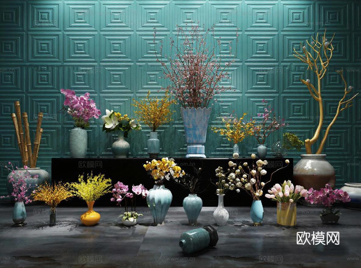 3D渲染轻奢家居花艺设计 几何浮雕艺术花瓶摆设 陶瓷金属玻璃材质混搭免费3d模型