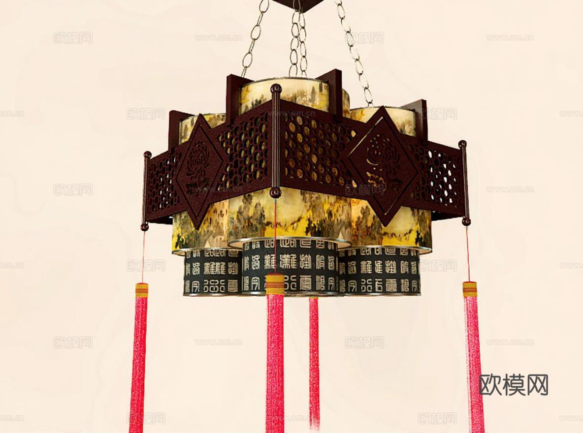中式吊灯3D模型 镂空金属山水画灯罩 古典流苏装饰灯具免费3d模型
