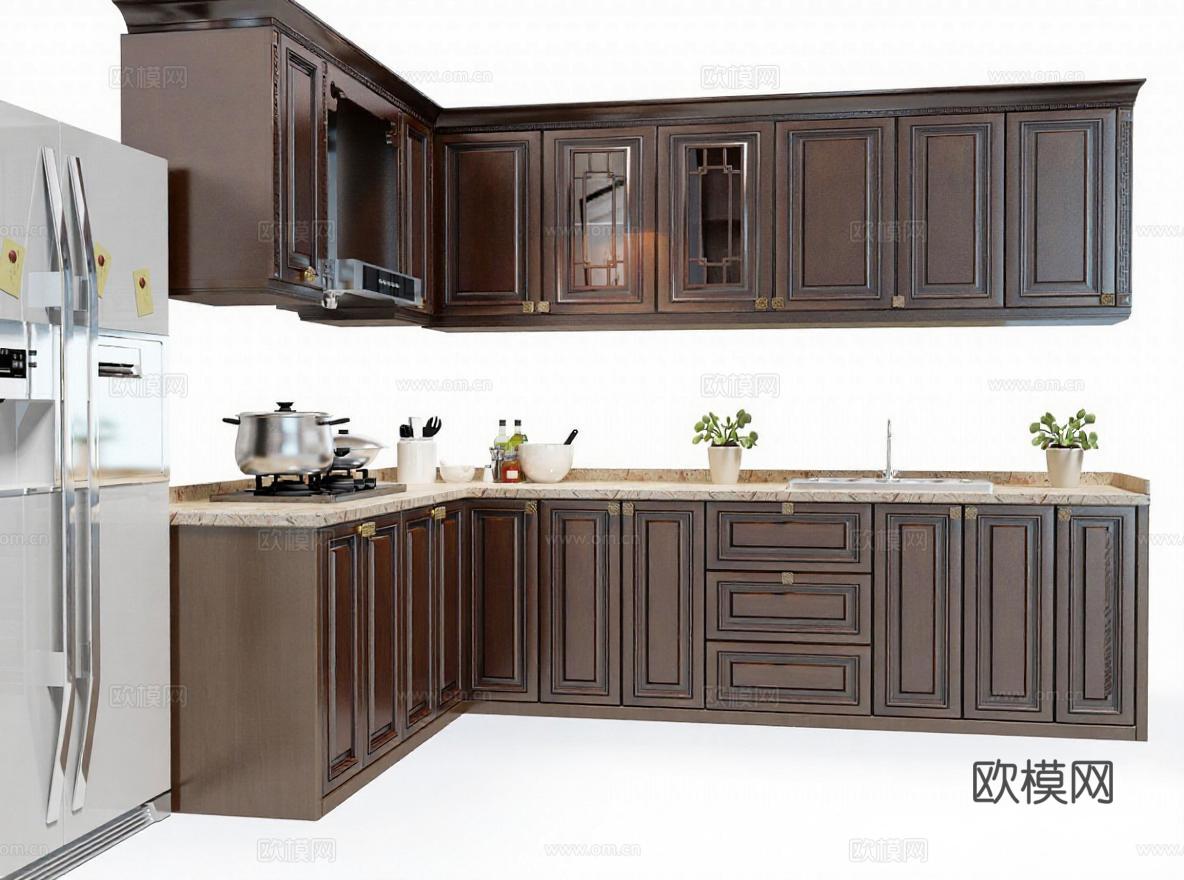 高端欧式古典厨房设计 L型实木橱柜玻璃门收纳 嵌入式不锈钢家电 3D渲染家居效果图免费3d模型下载