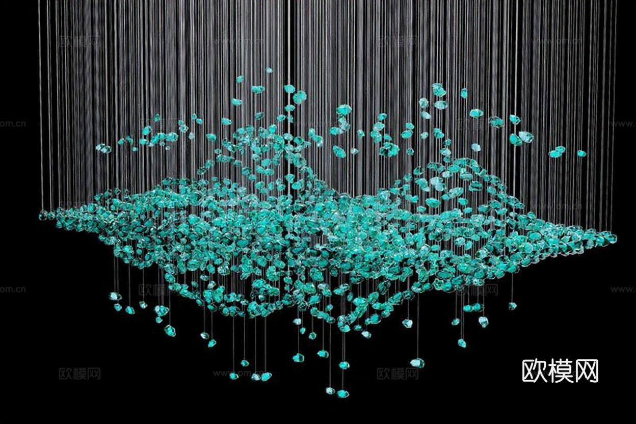 现代艺术装置 青水晶吊灯设计 动态悬挂艺术 高端室内装饰灯饰 奢华空间装饰灯具免费3d模型