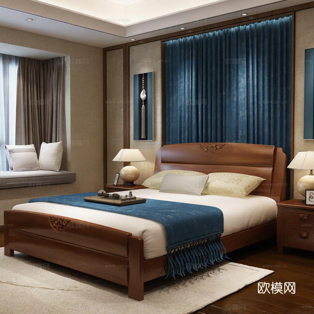 现代中式奢华卧室设计 高端定制实木雕花床品软装搭配 深蓝床旗窗帘典雅对称布局免费3d模型下载