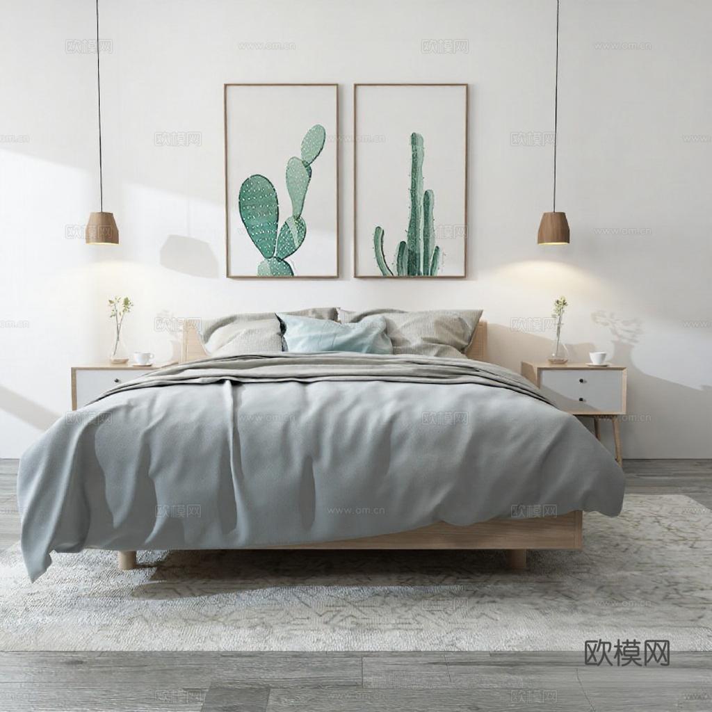现代简约卧室设计 3D渲染效果图 灰白浅绿家居配色 自然材质装饰案例 产品展示灵感免费3d模型