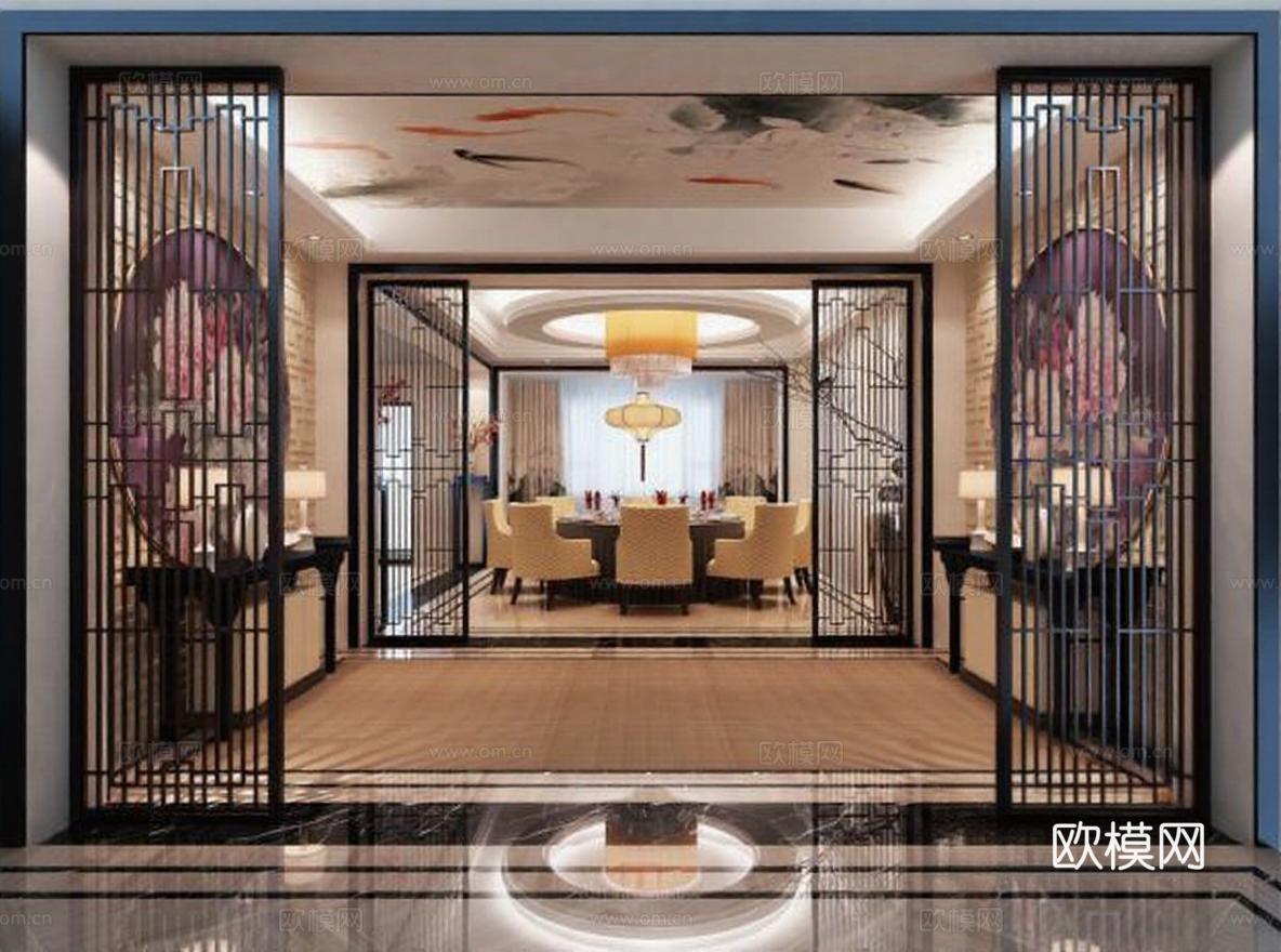 新中式餐厅室内设计 高端酒店装修效果图 大理石木质拼接空间免费3d模型