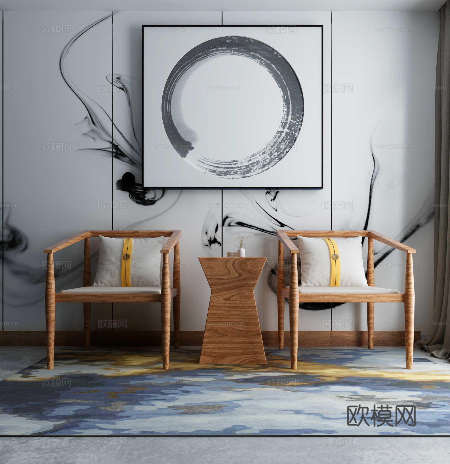 现代茶几沙发组合挂画 地毯 水墨画背景墙3d模型下载（渲染图1）