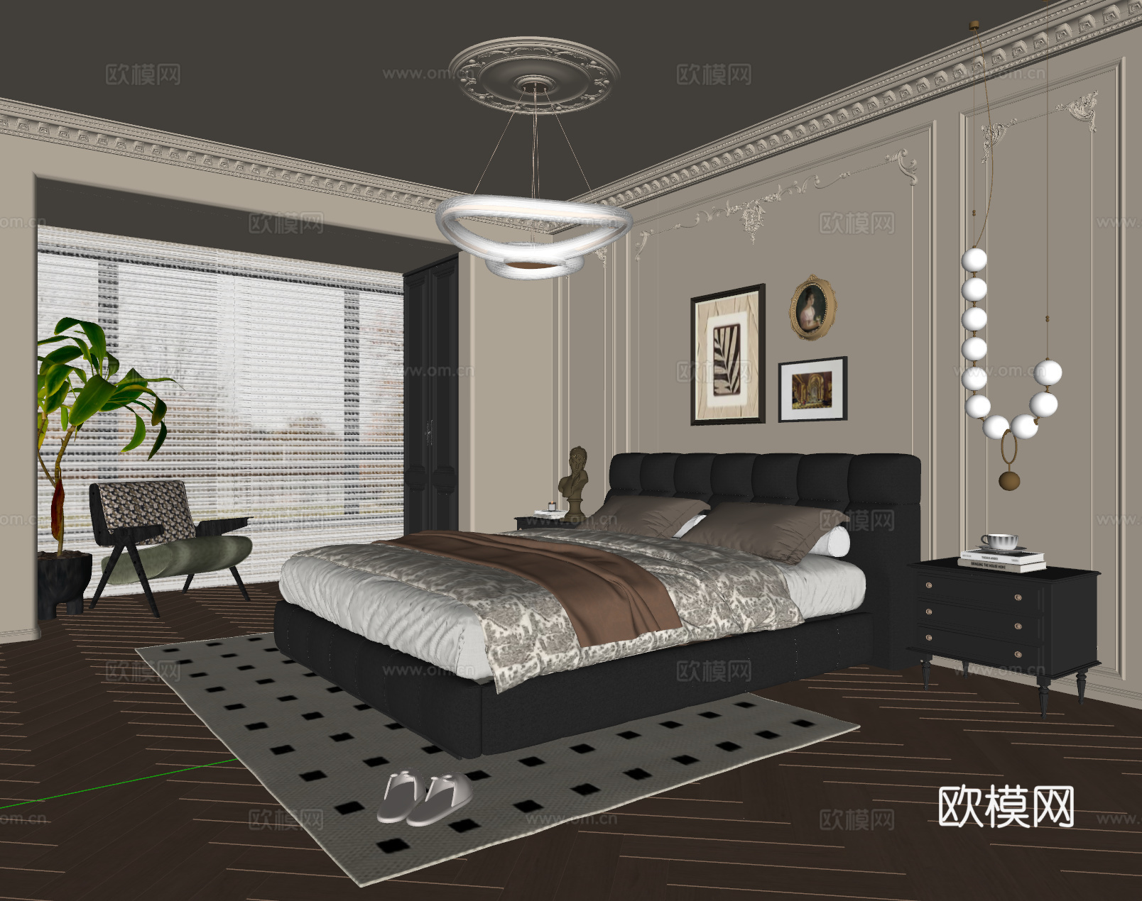 法式中古风卧室 皮质双人床 床头柜 吊灯 挂画 地毯su模型