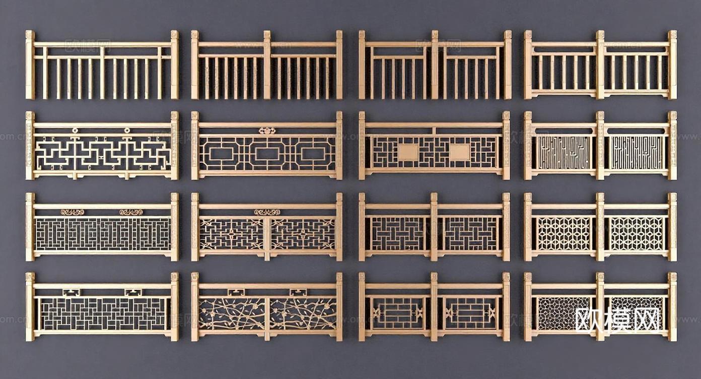 中式栏杆窗格3D模型 传统雕花镂空设计 建筑装饰素材 室内外装修模型库免费3d模型