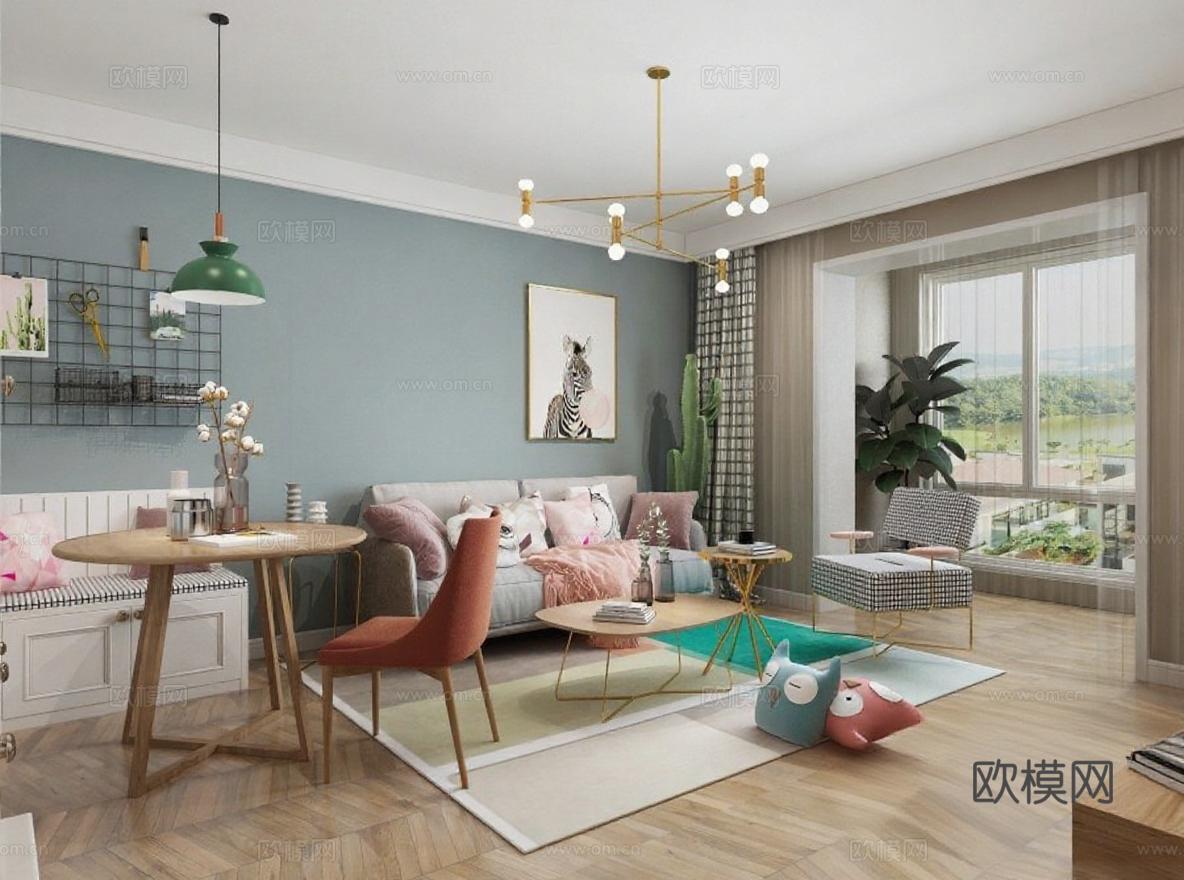 现代简约客厅家居设计 浅灰蓝墙面暖橙家居配色 开放式客餐厅一体空间 木质金属装饰3D渲染效果免费3d模型