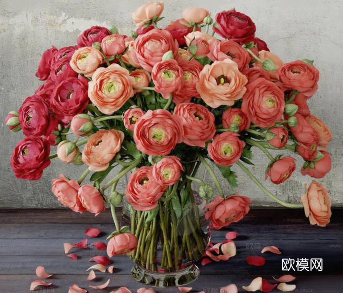 珊瑚红花艺家居装饰 粉橙花束艺术画 写实油画质感 深木桌玻璃花瓶 斑驳灰墙背景免费3d模型