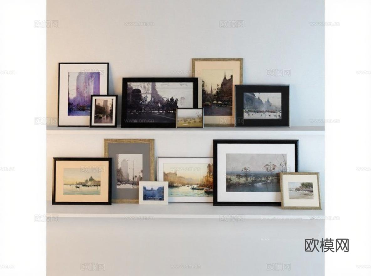 现代简约家居墙面装饰画组合 创意相框艺术展示 客厅书房卧室黑白金边框水彩风景画免费3d模型