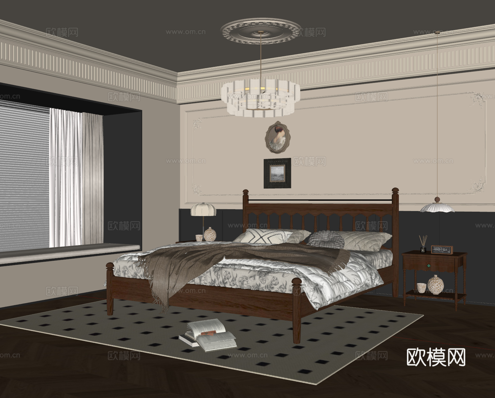 法式中古风卧室 实木双人床 床头柜 吊灯 挂画 地毯su模型