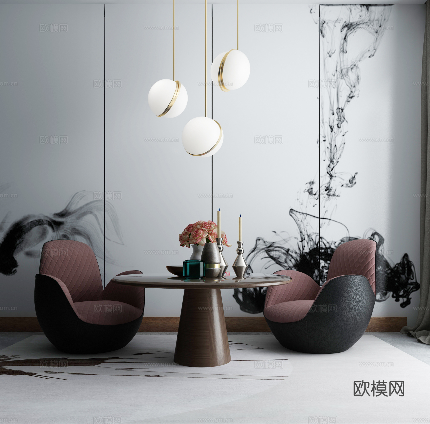 现代沙发茶几 吊灯 单人沙发3d模型3d模型下载（渲染图1）