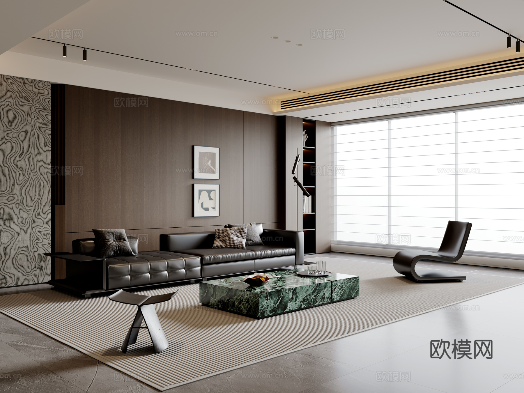 现代意式客厅 沙发茶几 多人沙发 休闲椅 落地灯 地毯su模型