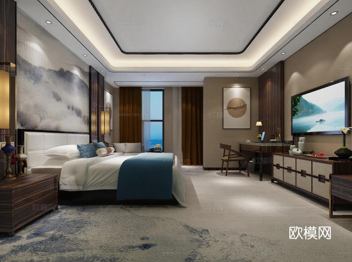 现代中式豪华酒店客房设计 米色深棕色调卧室装饰 海景套房3D渲染效果图 高端酒店室内设计案例免费3d模型下载