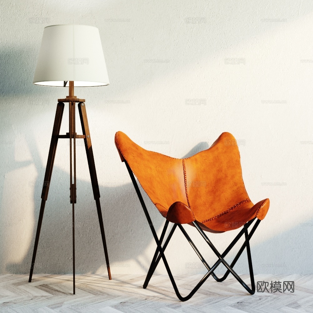 现代皮革休闲椅 落地灯组合3d模型下载（渲染图1）