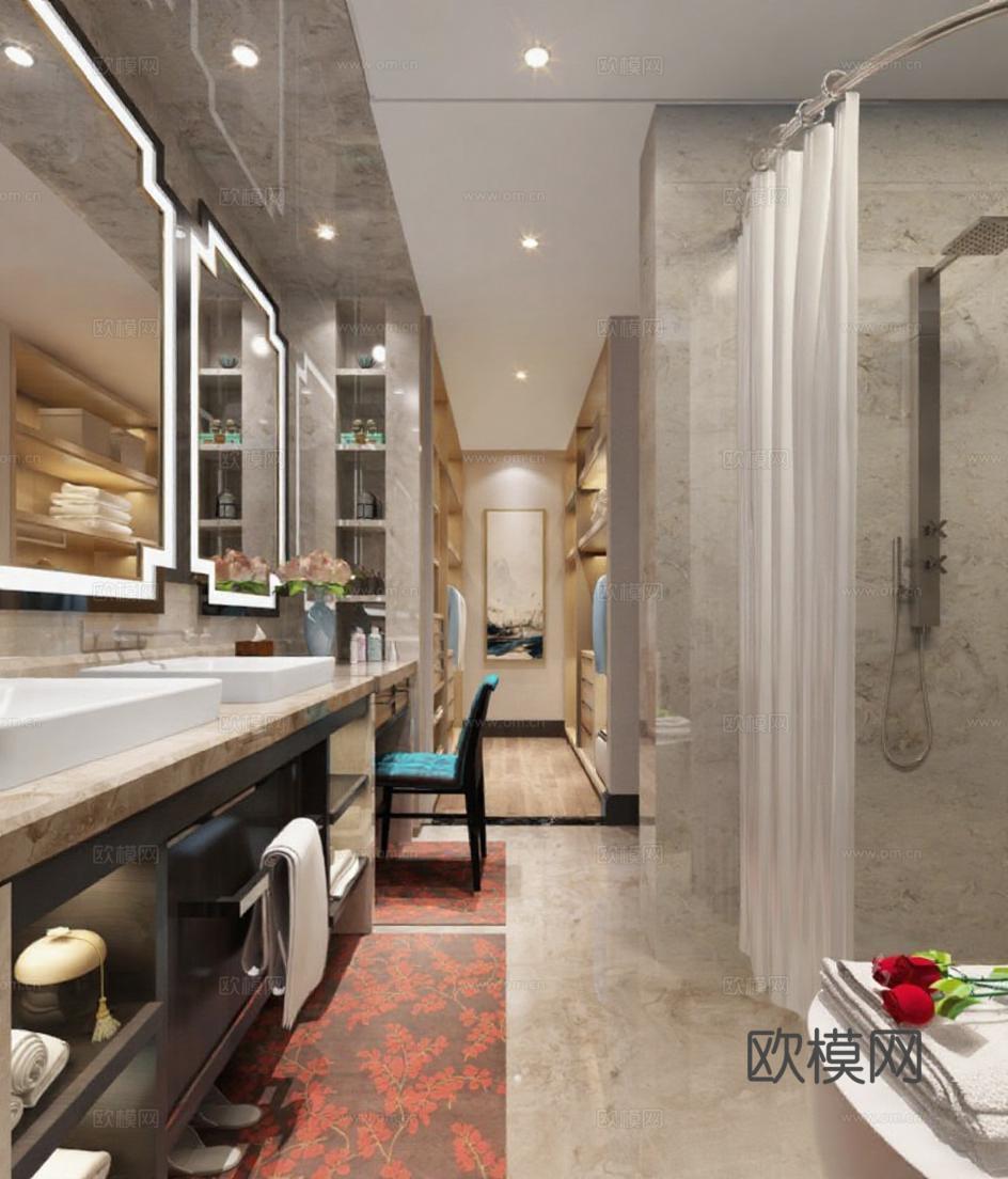 高端酒店式卫浴空间设计 现代轻奢浴室装修案例 大理石双洗手盆布局方案免费3d模型下载