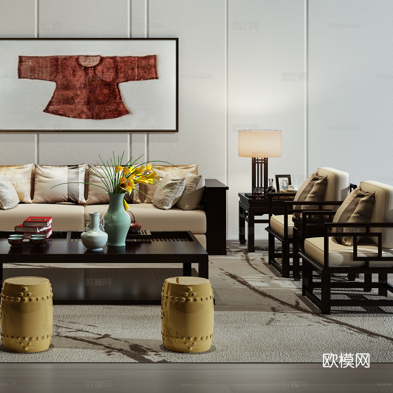 现代沙发茶几壁画组合3d模型下载（渲染图2）