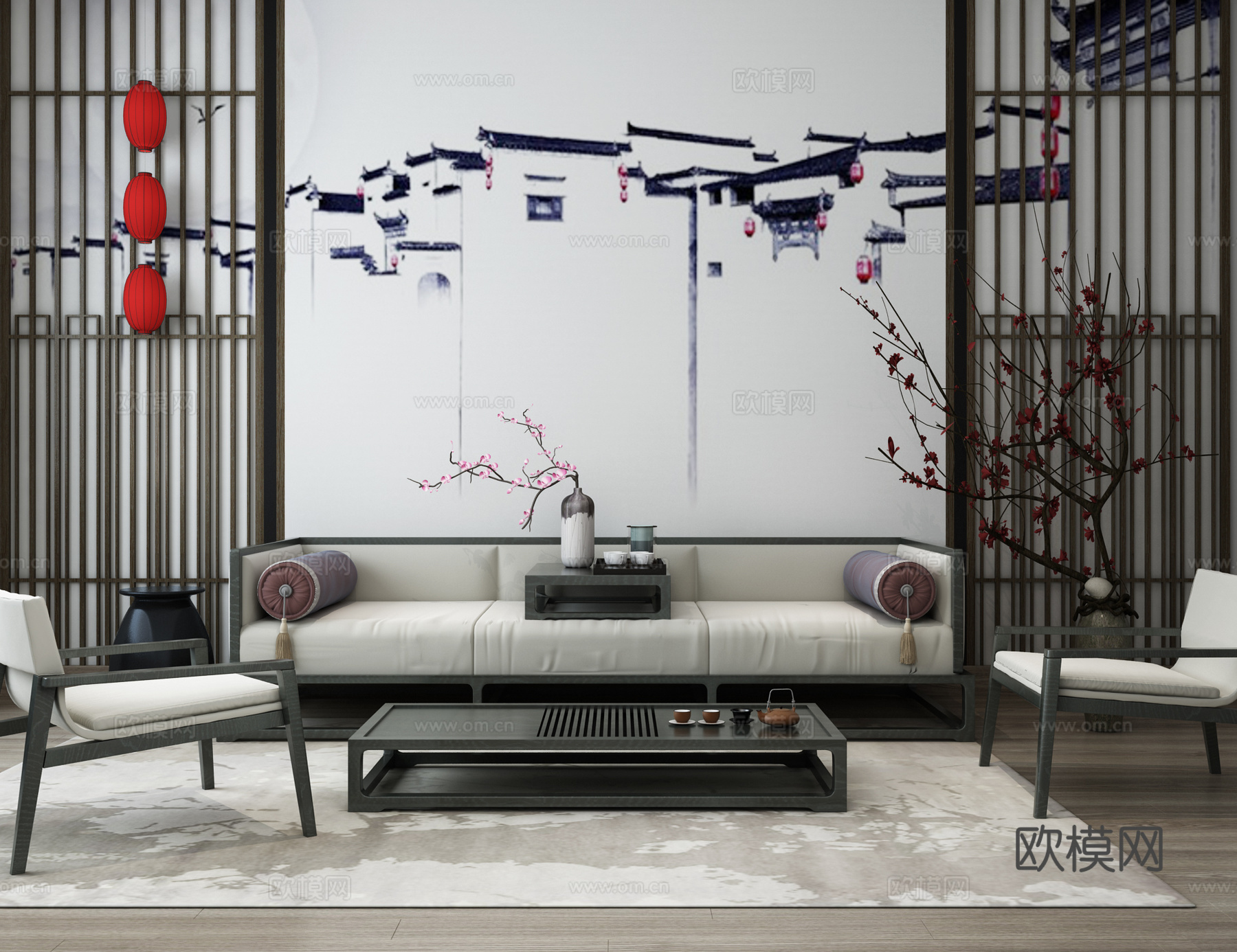 新中式沙发茶几组合3d模型下载（渲染图2）