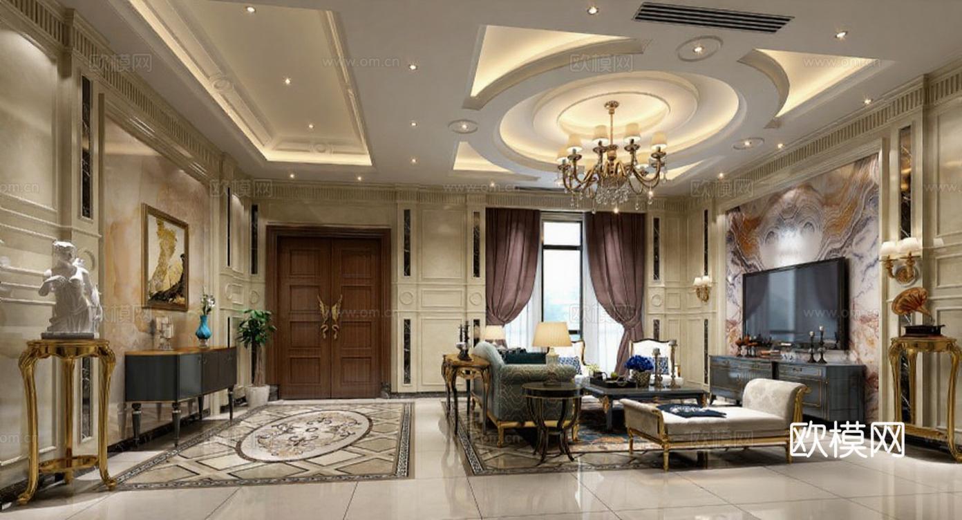 豪宅客厅装修设计效果图 欧式大理石背景墙3D渲染图 对称吊顶软装搭配方案免费3d模型下载